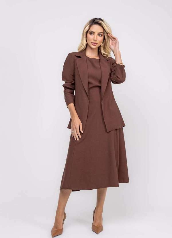 Salvatore Fashion - Saia Alfaiataria Midi com Bolsos Marrom