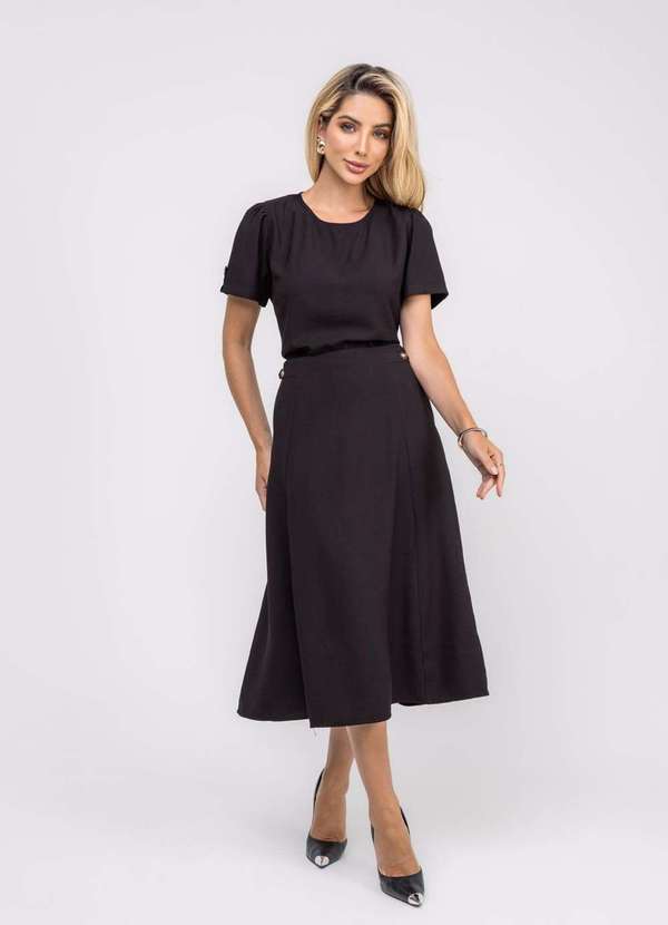 Salvatore Fashion - Saia Alfaiataria Midi com Bolsos Preto