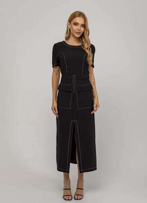 Salvatore Fashion - Saia de Alfaiataria Midi com Bolsos Frontais e Fenda - SALVATORE FASHION