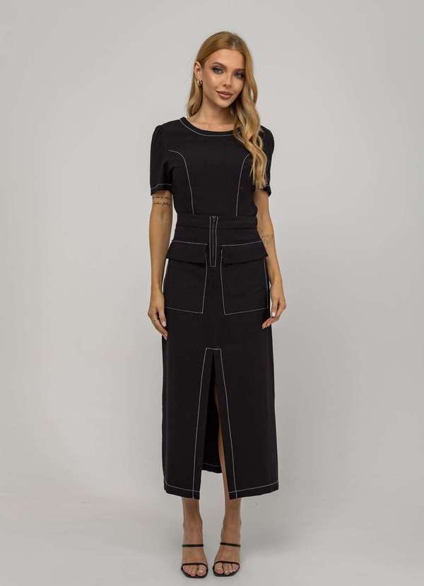 Salvatore Fashion - Saia de Alfaiataria Midi com Bolsos Frontais e Fenda Preto