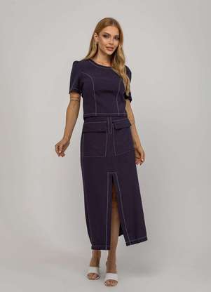 Salvatore Fashion - Saia de Alfaiataria Midi com Bolsos Frontais e Fenda - SALVATORE FASHION