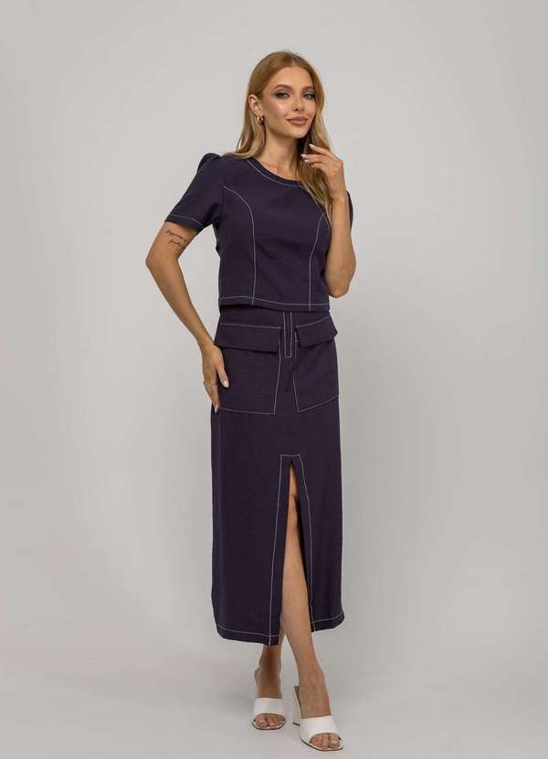 Salvatore Fashion - Saia de Alfaiataria Midi com Bolsos Frontais e Fenda Azul 3