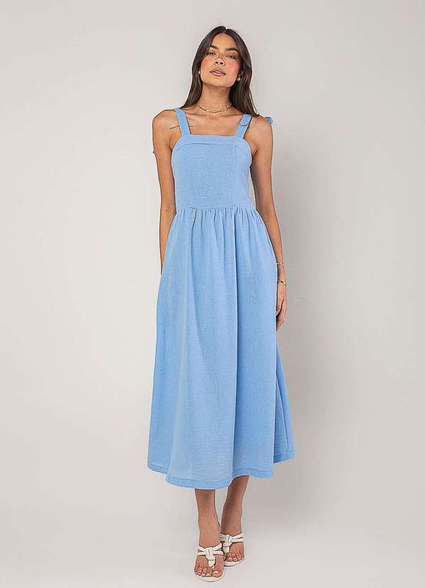 Salvatore Fashion - Vestido Alfaiataria Midi com Alças Largas e Amarração Azul