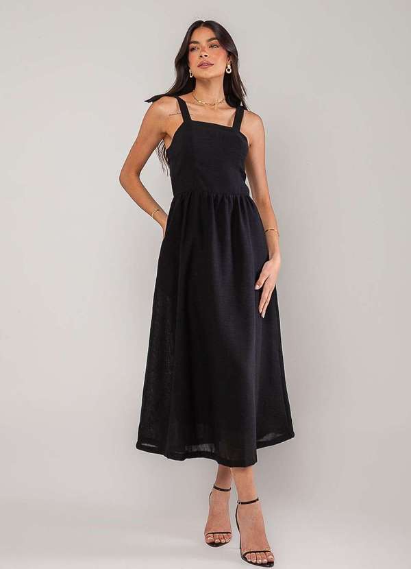 Salvatore Fashion - Vestido Alfaiataria Midi com Alças Largas e Amarração Preto