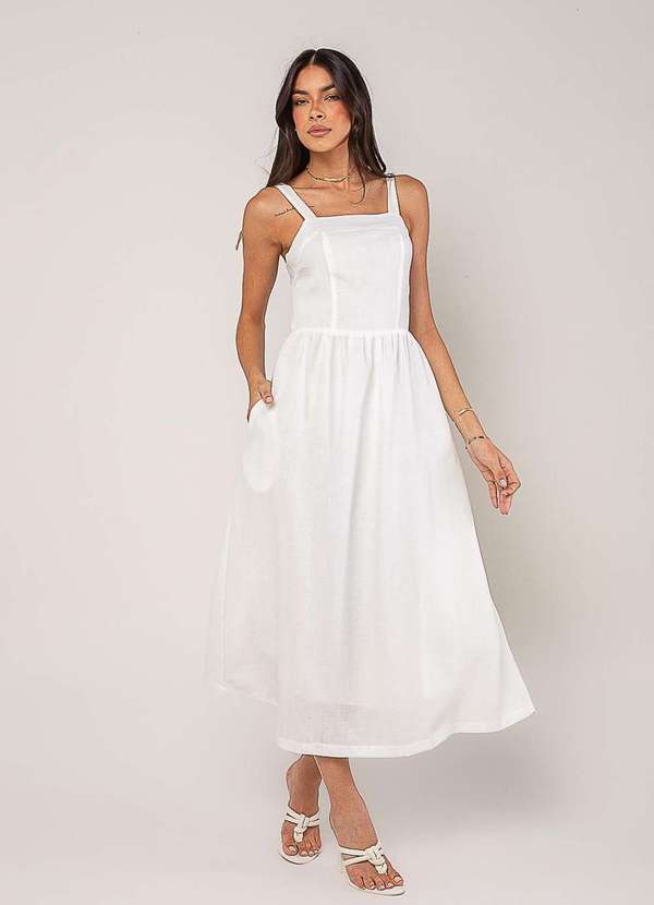 Salvatore Fashion - Vestido Alfaiataria Midi com Alças Largas e Amarração Branco