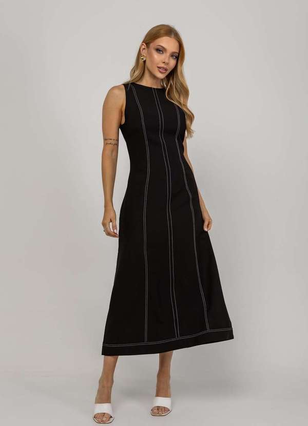 Salvatore Fashion - Vestido de Alfaiataria Midi com Costura Contrastantes Preto 2
