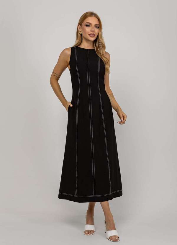 Salvatore Fashion - Vestido de Alfaiataria Midi com Costura Contrastantes Preto 3