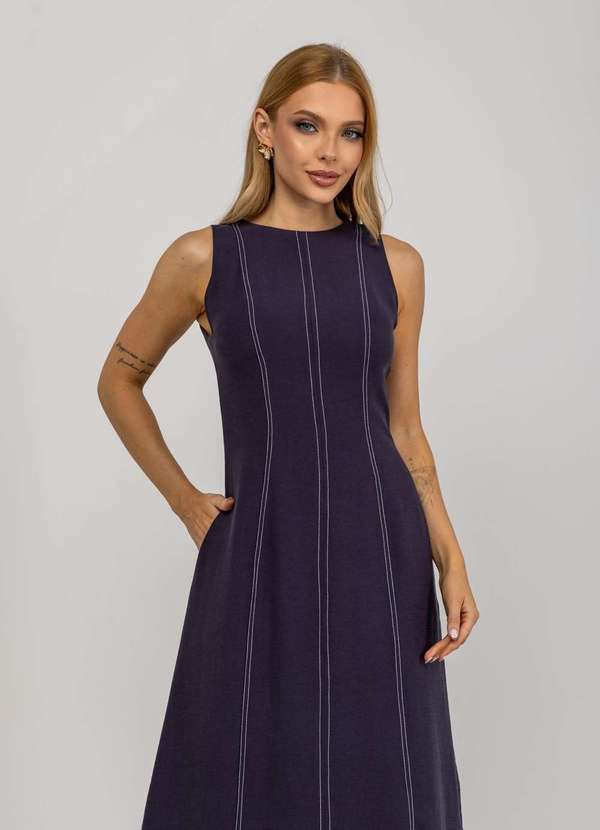 Salvatore Fashion - Vestido de Alfaiataria Midi com Costura Contrastantes Azul 3