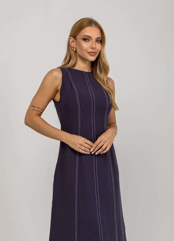 Salvatore Fashion - Vestido de Alfaiataria Midi com Costura Contrastantes Azul 5