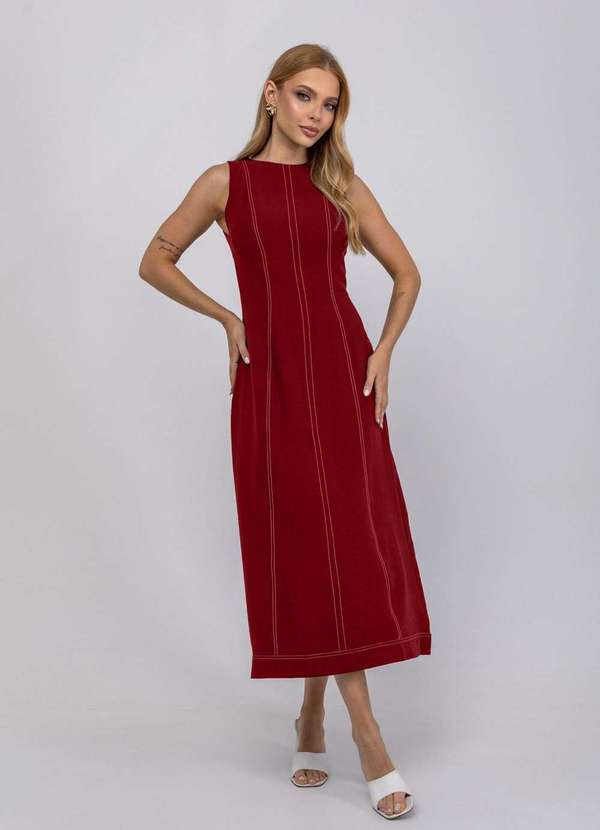 Salvatore Fashion - Vestido de Alfaiataria Midi com Costura Contrastantes Vermelho