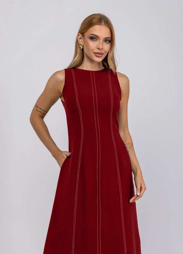Salvatore Fashion - Vestido de Alfaiataria Midi com Costura Contrastantes Vermelho 3