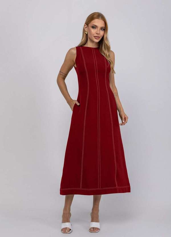 Salvatore Fashion - Vestido de Alfaiataria Midi com Costura Contrastantes Vermelho 4