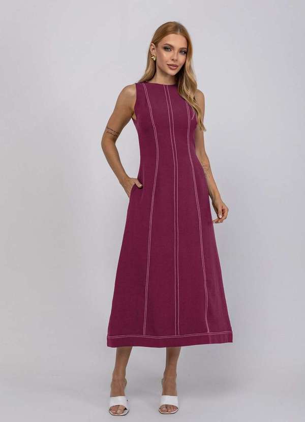 Salvatore Fashion - Vestido de Alfaiataria Midi com Costura Contrastantes Vermelho