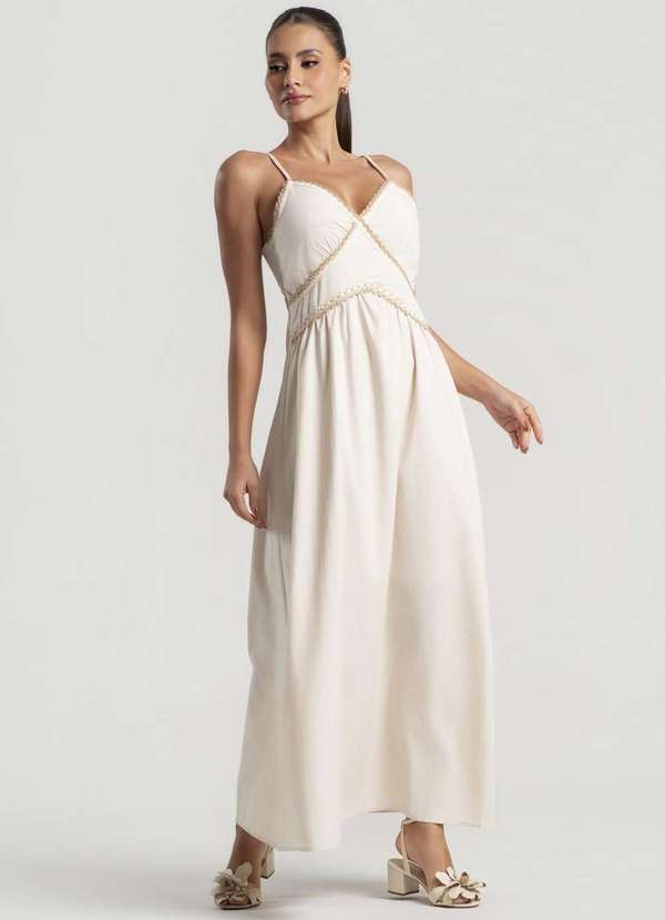 Salvatore Fashion - Vestido Longo Alfaiataria Alças Finas e Renda Bege