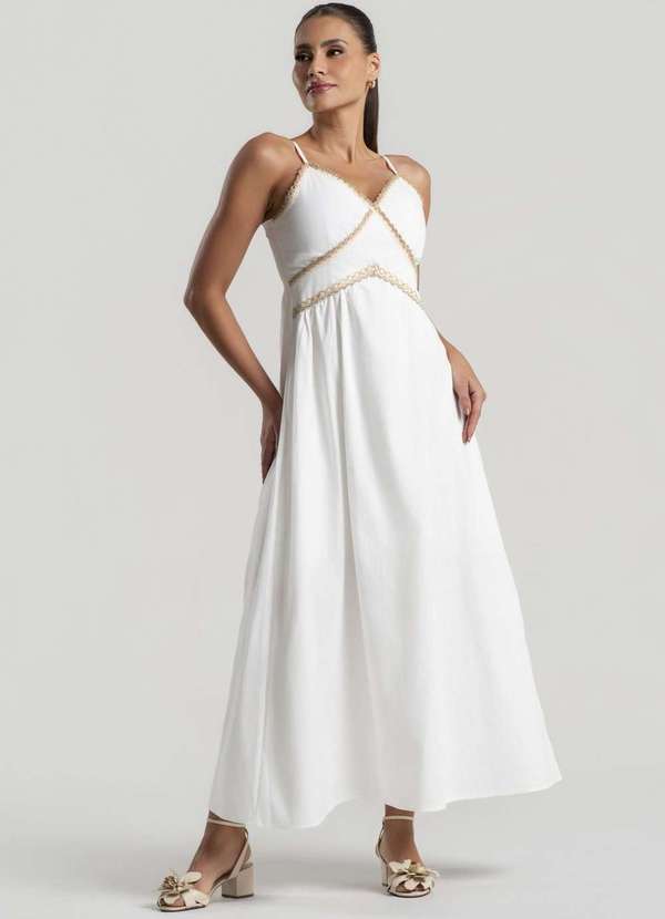 Salvatore Fashion - Vestido Longo Alfaiataria Alças Finas e Renda Branco