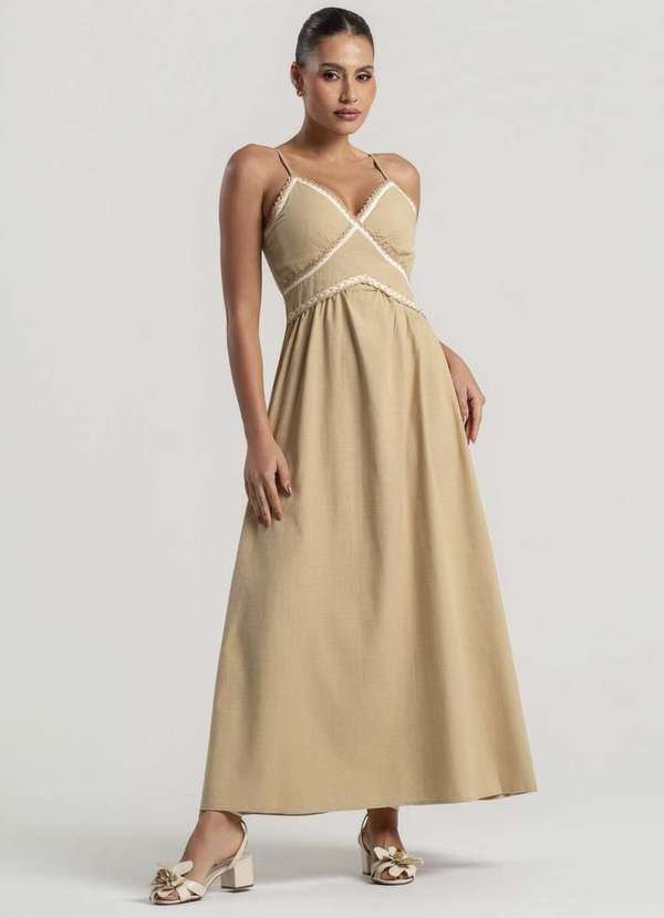 Salvatore Fashion - Vestido Longo Alfaiataria Alças Finas e Renda Bege 3