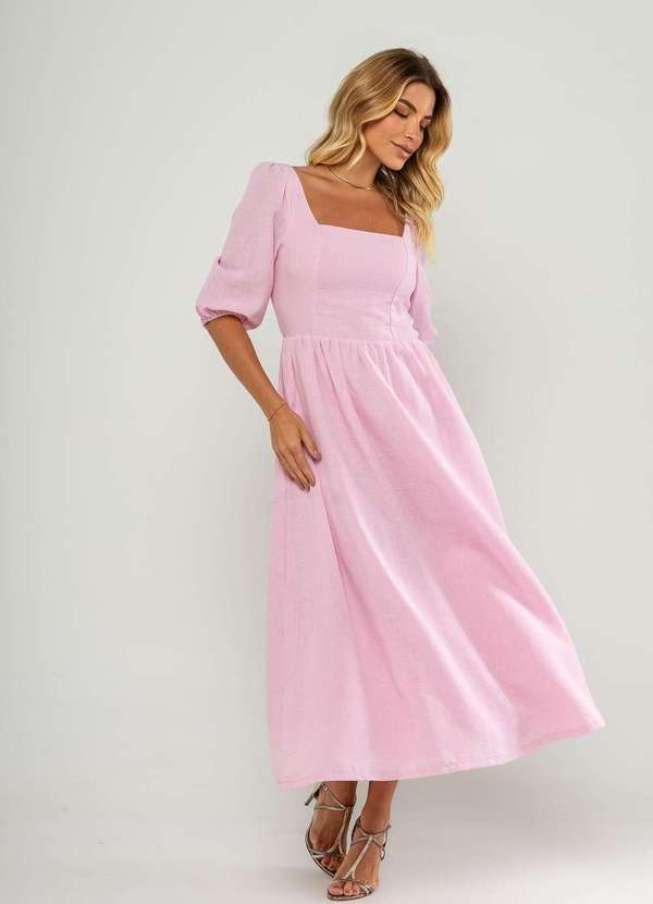 Salvatore Fashion - Vestido Longo com Decote Reto e Manga Bufante 3/4 Rosa