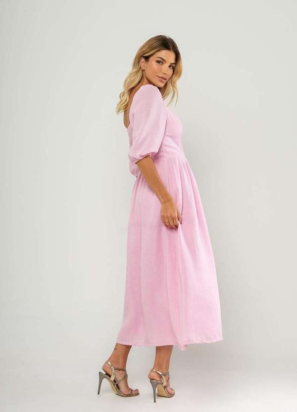 Salvatore Fashion - Vestido Longo com Decote Reto e Manga Bufante 3/4 Rosa 2