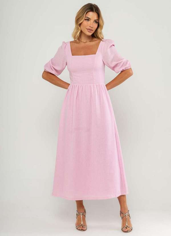 Salvatore Fashion - Vestido Longo com Decote Reto e Manga Bufante 3/4 Rosa 5