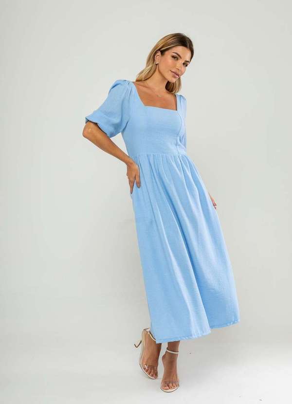 Salvatore Fashion - Vestido Longo com Decote Reto e Manga Bufante 3/4 Azul 2