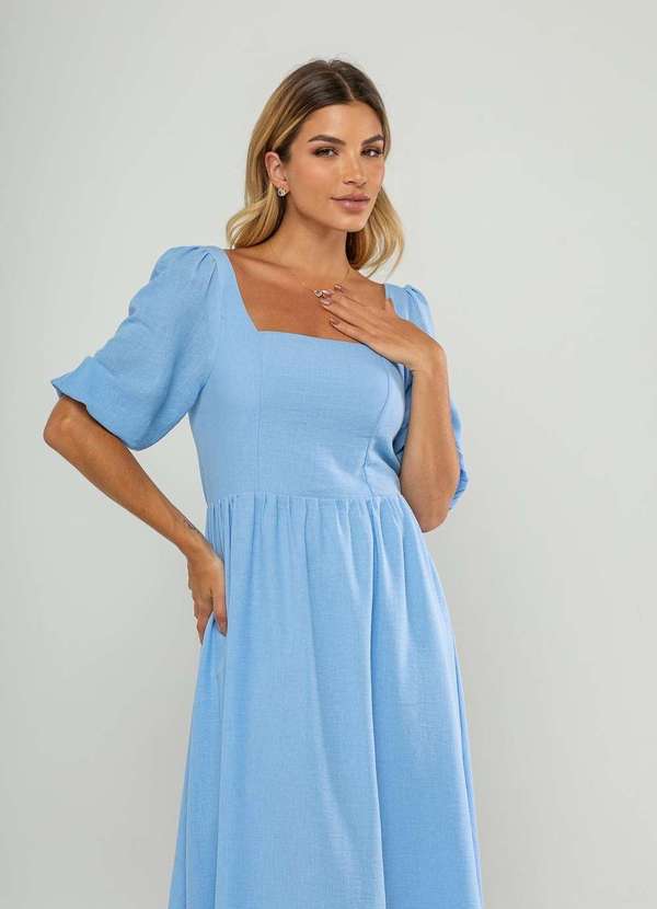 Salvatore Fashion - Vestido Longo com Decote Reto e Manga Bufante 3/4 Azul 3