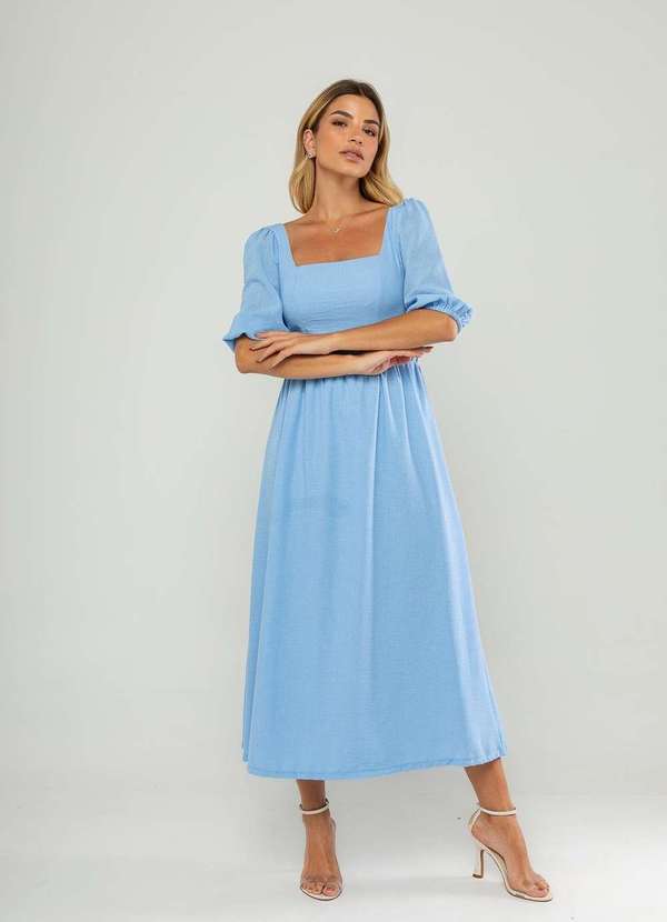 Salvatore Fashion - Vestido Longo com Decote Reto e Manga Bufante 3/4 Azul 4