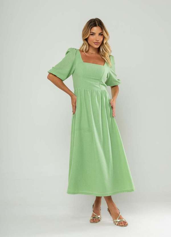 Salvatore Fashion - Vestido Longo com Decote Reto e Manga Bufante 3/4 Verde