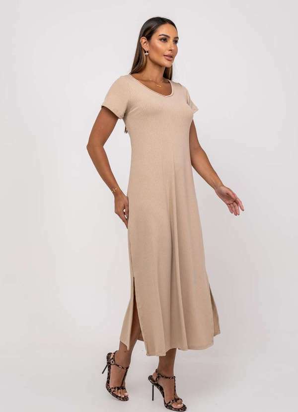 Salvatore Fashion - Vestido Longo Fenda Canelado Manga Curta Bege