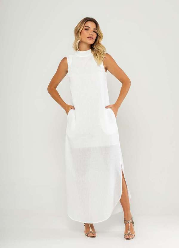 Salvatore Fashion - Vestido Longo Gola Alta e Fenda Lateral Branco