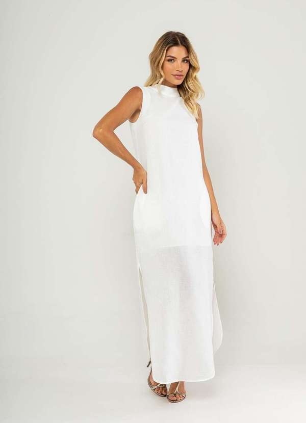 Salvatore Fashion - Vestido Longo Gola Alta e Fenda Lateral Branco 2