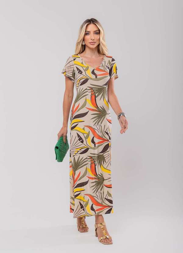 Salvatore Fashion - Vestido Longo Manga Curta Estampado Malha Fashion Bege