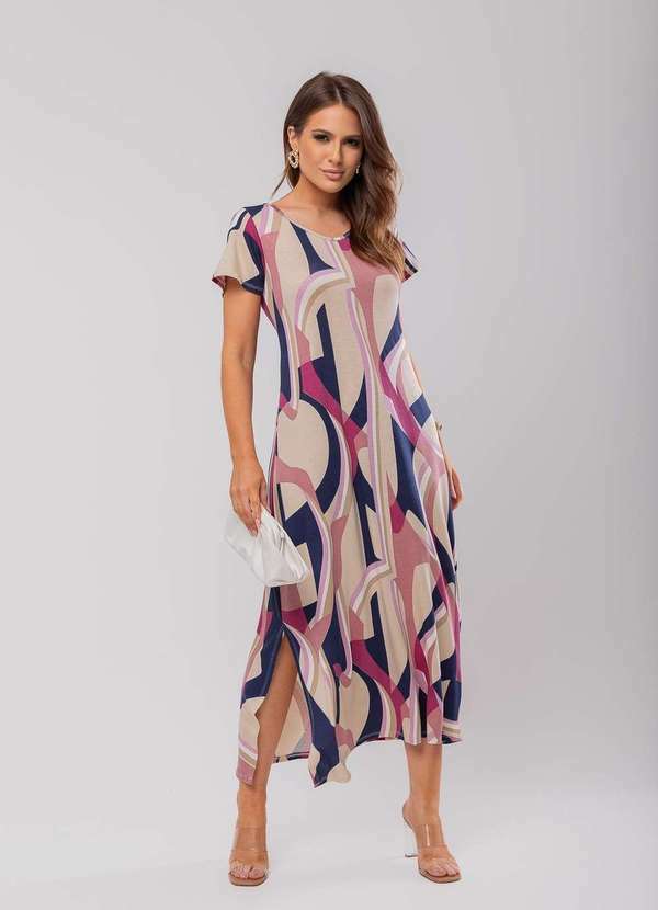 Salvatore Fashion - Vestido Longo Manga Curta Estampado Malha Fashion Rosa
