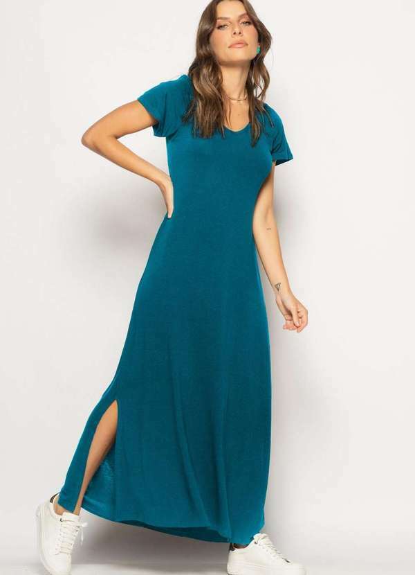 Salvatore Fashion - Vestido Longo Manga Curta Malha Fashion Azul