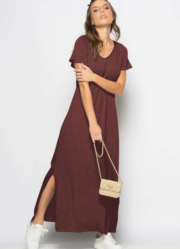 Salvatore Fashion - Vestido Longo Manga Curta Malha  Fashion Marrom 2