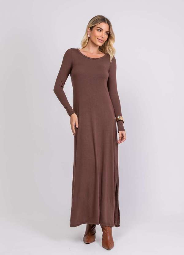 Salvatore Fashion - Vestido Longo Manga Longa Malha  Fashion Marrom 4