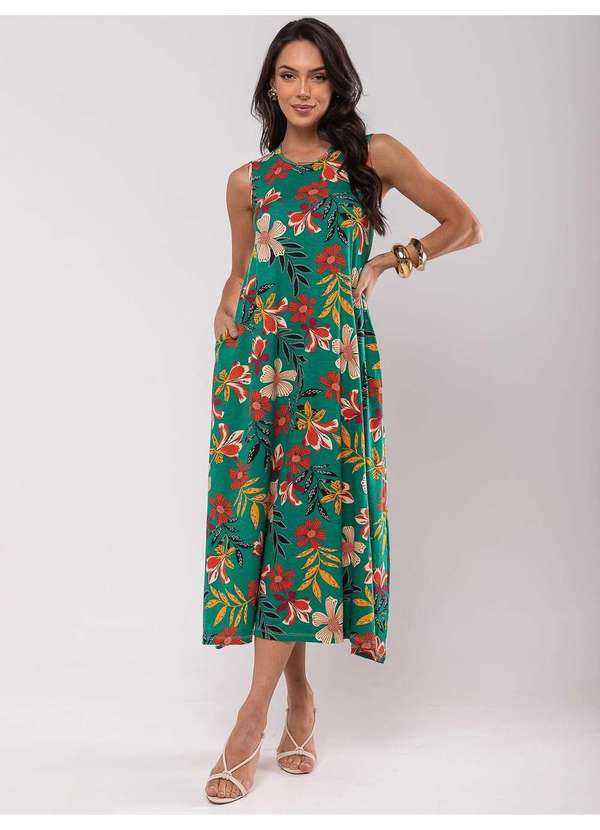 Salvatore Fashion - Vestido Longo Regata com Bolsos Estampado Verde