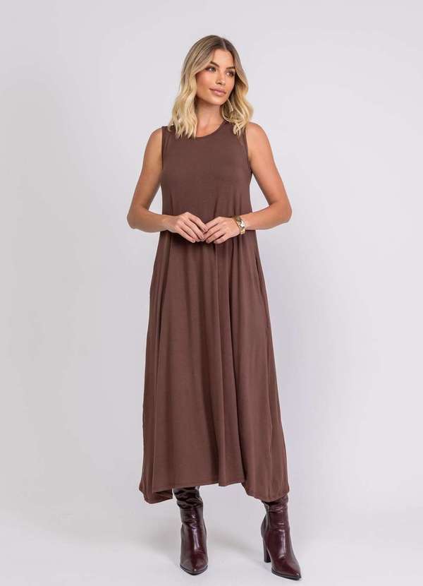 Salvatore Fashion - Vestido Longo Regata com Bolsos Marrom