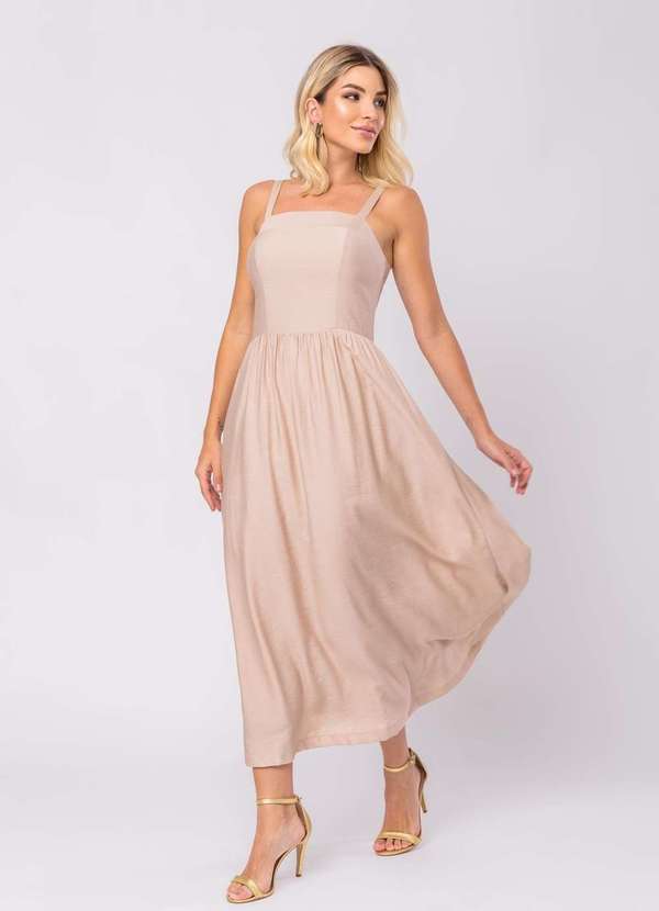 Salvatore Fashion - Vestido Midi Alfaiataria Bolsos Bege