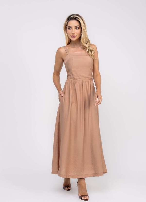 Salvatore Fashion - Vestido Midi Alfaiataria Bolsos Marrom
