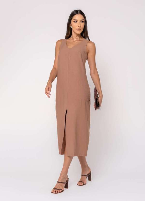 Salvatore Fashion - Vestido Midi Alfaiataria Fenda Marrom