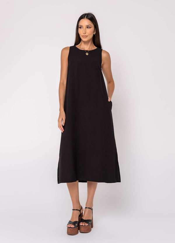 Salvatore Fashion - Vestido Midi Alfaiataria Fendas Laterais com Faixa Preto