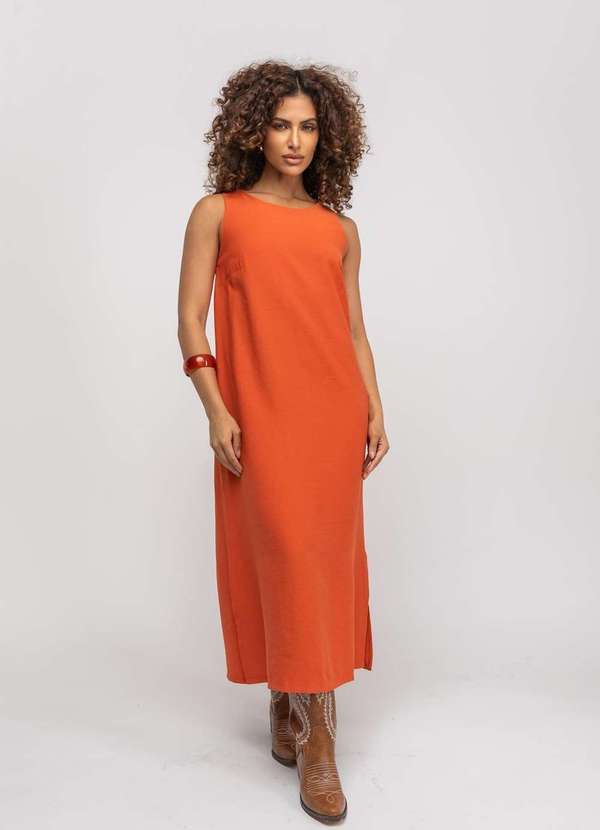 Salvatore Fashion - Vestido Midi Alfaiataria Fendas Laterais com Faixa Laranja 2