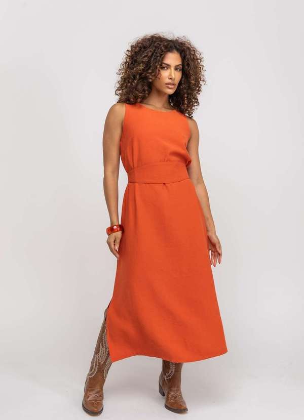 Salvatore Fashion - Vestido Midi Alfaiataria Fendas Laterais com Faixa Laranja 4