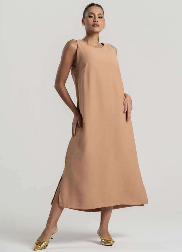 Salvatore Fashion - Vestido Midi Alfaiataria Marrant Regata com Fendas e Bolsos Bege