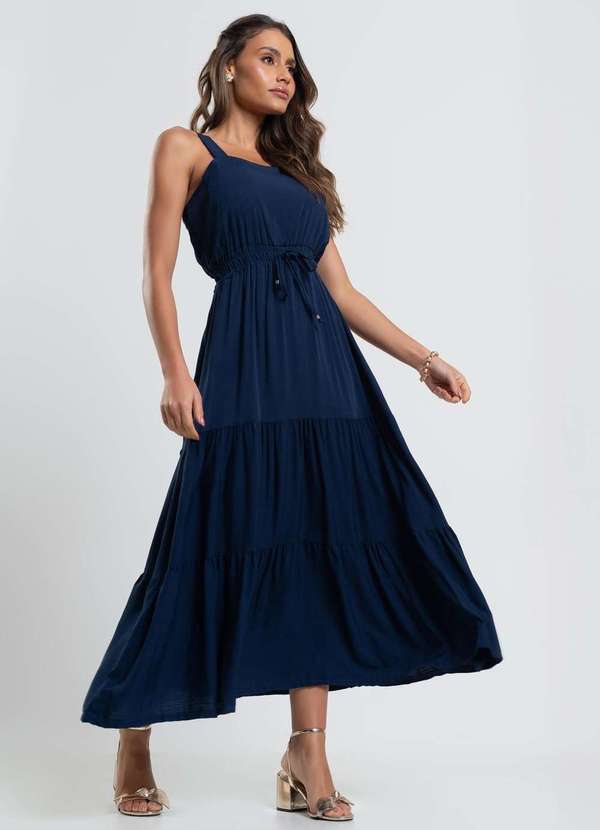 Salvatore Fashion - Vestido Midi Babado Amarração Viscolinho Fashion Azul