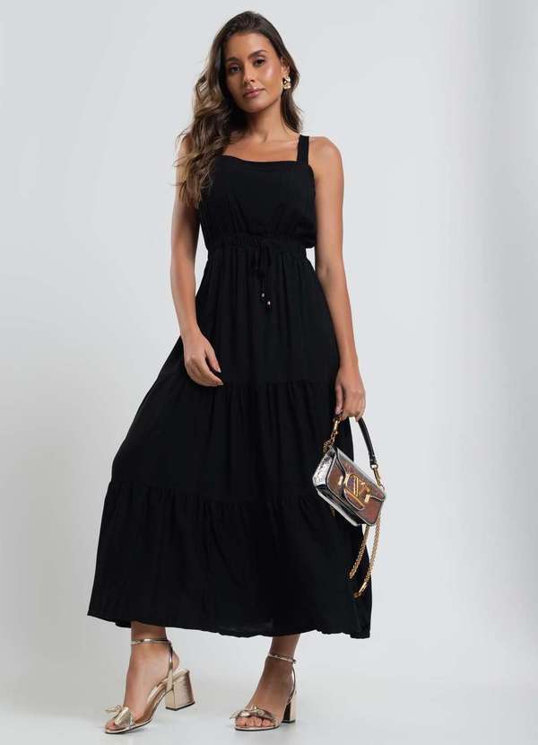 Salvatore Fashion - Vestido Midi Babado Amarração Viscolinho Fashion Preto