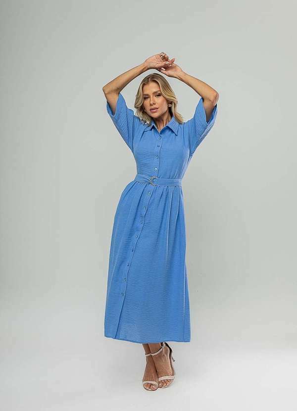 Salvatore Fashion - Vestido Midi Chemise com Cinto Azul