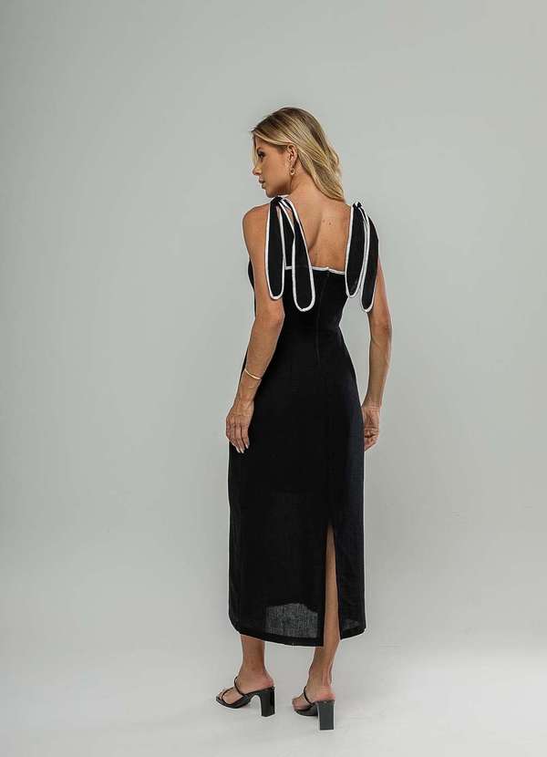 Salvatore Fashion - Vestido Midi com Alças de Amarração e Acabamento Contrastante Preto 2