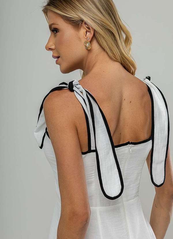 Salvatore Fashion - Vestido Midi com Alças de Amarração e Acabamento Contrastante Branco 2