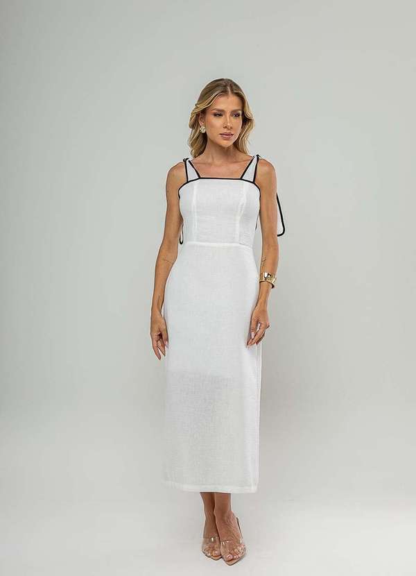 Salvatore Fashion - Vestido Midi com Alças de Amarração e Acabamento Contrastante Branco 3